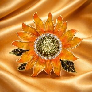 Floral Sunflower Brooch Pin – Crystal Rhinestone Flower Jewelry
